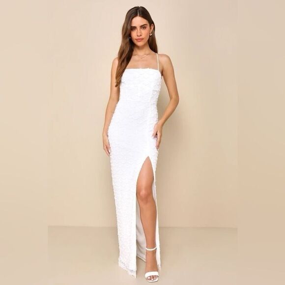 Lulus Blissful Effect White Lace Textured Lace-Up Cutout Maxi Dress Small NEW - Picture 9 of 16